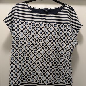 Navy, White and Light Blue Printed Short-Sleeve Blouse
